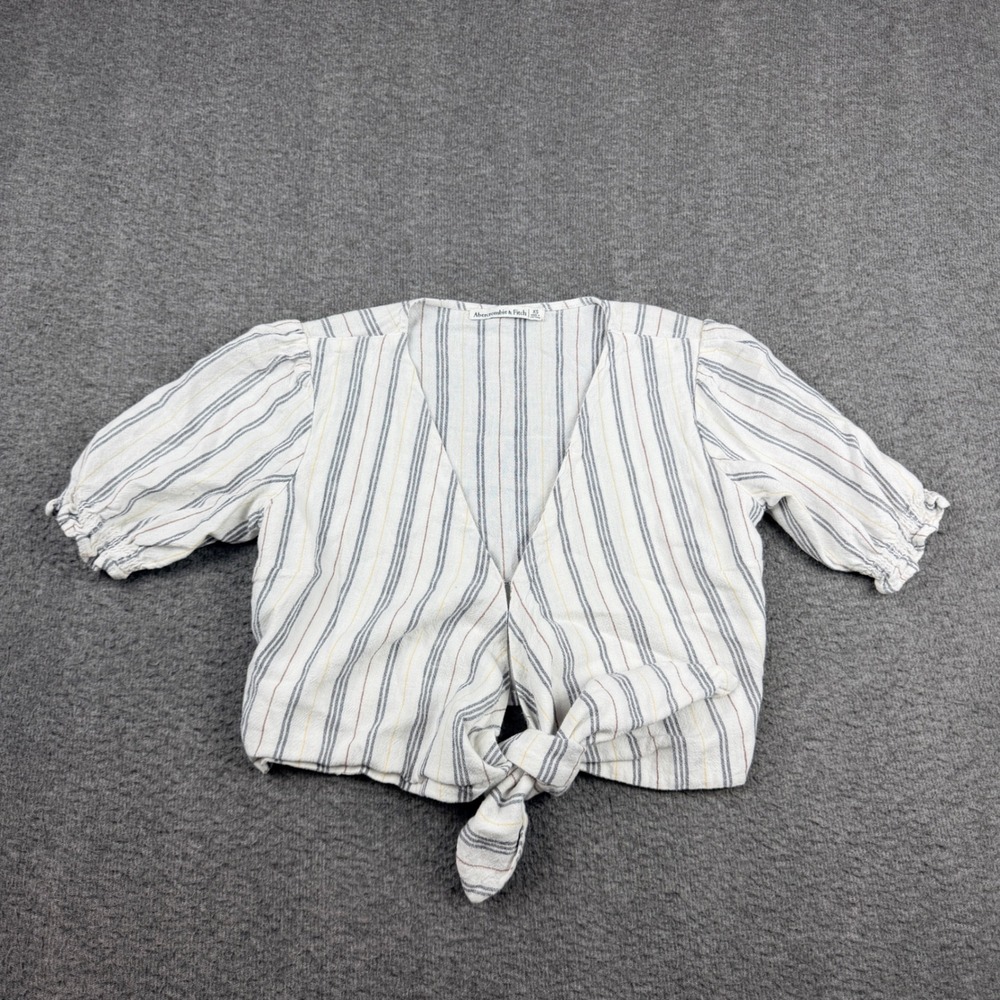 Abercrombie & Fitch Women's XS Striped Linen Blend Y2K Tie Front Crop Top‎